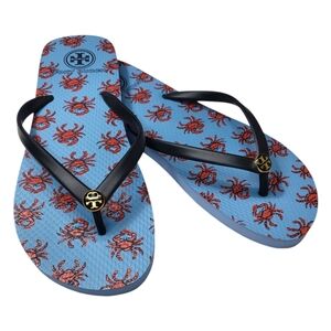 Tory Burch Flip Flops Blue Red Crab Print Gold Tone Logo Size 9 New Without Tags